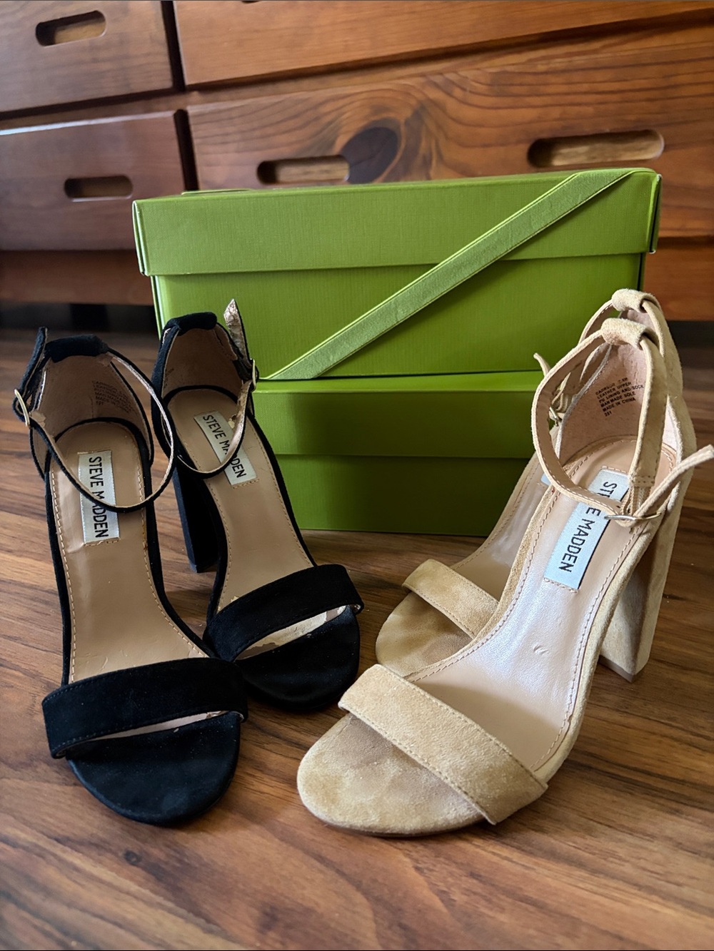 Steve Madden Two-Pair Suede Ankle-Strap Block Heels in Black and Tan
